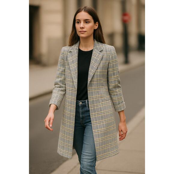 Avec Les Filles Plaid Coat Small Shoulder Pads Black Yellow Jacket Sz M - Picture 1 of 16